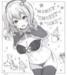  1girl absurdres arms_behind_back bell box bra breasts capelet christmas_stocking gift gift_box h2_(h20000000) hat highres kantai_collection kashima_(kancolle) large_breasts merry_christmas navel panties santa_hat side-tie_panties sidelocks snowman solo thighhighs twintails underwear wavy_hair 