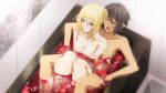  2girls alternate_hairstyle amazuki_jou andou_(girls_und_panzer) bangs bath bathing bathtub black_hair blonde_hair blue_eyes blurry breasts cleavage closed_eyes closed_mouth dark-skinned_female dark_skin frown girls_und_panzer hair_up highres medium_breasts medium_hair messy_hair multiple_girls nude open_mouth oshida_(girls_und_panzer) partially_submerged petals petals_on_liquid rose_petals shared_bathing short_hair sitting sweat yuri 