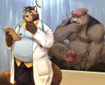  2021 absurd_res anthro balls belly big_belly blush bottomwear brown_body canid canine clothing detailed_background doctor erection genitals group hat headgear headwear hi_res inside kemono male male/male mammal medical_instrument overweight overweight_male pants penis raccoon_dog scientific_instrument sex tanuki uken_l ursid 