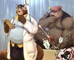  2021 absurd_res anthro balls belly big_belly blush bodily_fluids bottomwear brown_body canid canine clothing cum detailed_background doctor ejaculation erection genital_fluids genitals group hat headgear headwear hi_res inside kemono male male/male mammal medical_instrument overweight overweight_male pants penis raccoon_dog scientific_instrument sex tanuki uken_l ursid 