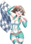  1girl arm_warmers blue_eyes boots breasts brown_hair cowboy_shot flag flipped_hair green_footwear green_vest hairband headgear hiei_(kancolle) highres holding holding_flag kantai_collection leotard leotard_under_clothes looking_at_viewer medium_breasts oohasikennta2002 open_mouth race_queen salute short_hair simple_background smile solo thigh_boots vest white_background 