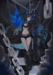  1girl absurdres alternate_eye_color alternate_hair_color animal_ears bikini bikini_top_only black_bikini black_coat black_footwear black_hair black_rock_shooter black_rock_shooter_(character) black_rock_shooter_(character)_(cosplay) black_shorts blue_eyes blue_fire boots breasts chain cleavage coat commentary cosplay english_commentary fire flame-tipped_tail highres indie_virtual_youtuber large_breasts long_hair looking_at_viewer multicolored_hair open_clothes pmapirate short_shorts shorts sinder_(vtuber) streaked_hair swimsuit tail twintails virtual_youtuber wolf_ears wolf_girl wolf_tail 
