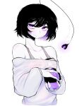  1girl :/ absurdres antennae black_hair closed_mouth colored_inner_hair colored_skin commentary cup hemuling highres holding holding_cup long_sleeves looking_at_viewer monster_girl mug multicolored_hair off-shoulder_sweater off_shoulder original purple_eyes purple_hair short_hair simple_background sleeves_past_wrists solo sweater symbol-only_commentary two-tone_hair upper_body webbed_hands white_background white_skin 