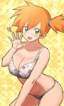  1girl bare_shoulders blush bra breast_squeeze breasts cleavage collarbone cowboy_shot didd_ley floral_print green_eyes heart heart-shaped_pupils highres large_breasts leaning_forward looking_at_viewer misty_(pokemon) navel open_mouth orange_hair pokemon pokemon_(anime) short_hair short_ponytail side_ponytail simple_background smile solo symbol-shaped_pupils underwear wavy_hair 