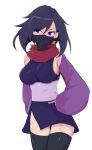  1girl absurdres ayame_(gundam_build_divers) bangs black_thighhighs breasts cowboy_shot detached_sleeves gundam gundam_build_divers highres honma_(honmatomohiro) japanese_clothes large_breasts long_hair looking_at_viewer mask mouth_mask ninja ninja_mask purple_eyes red_scarf scarf sideboob simple_background solo swept_bangs thighhighs white_background 