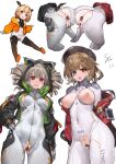  3girls arms_behind_back artist_name ass ass-to-ass bangs bar_censor barcode blonde_hair blue_eyes bodysuit breasts breath brown_eyes brown_hair cameltoe censored cocoritter_(tower_of_fantasy) covered_navel cowboy_shot cum cum_on_ass cum_on_body drill_hair grey_hair hair_ornament hairclip hand_on_hip hat heart heart-shaped_pupils heterochromia highres hood hood_up hooded_jacket impossible_bodysuit impossible_clothes jacket looking_at_viewer medium_breasts medium_hair mi-a_(tower_of_fantasy) multiple_girls nipples open_mouth pubic_hair pussy_juice red_eyes saliva saliva_trail shiro_(tower_of_fantasy) signature skin_tight sparse_pubic_hair stmast symbol-shaped_pupils tears tower_of_fantasy twin_drills zipper 