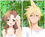  1boy 1girl aerith_gainsborough alternate_costume bangs bare_shoulders blonde_hair blue_eyes blush breasts brown_hair cleavage cloud_strife collarbone dress final_fantasy final_fantasy_vii final_fantasy_vii_remake flower green_eyes hair_between_eyes hair_down hair_flower hair_ornament hand_in_another&#039;s_hair krudears light_smile long_hair looking_at_viewer medium_breasts open_mouth outdoors parted_bangs shirt short_hair sidelocks sleeveless sleeveless_dress smile spiked_hair upper_body wavy_hair white_dress white_flower white_shirt 