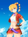  1girl bandages blonde_hair blue_eyes breasts chrono_cross closed_mouth cloud crop_top facial_mark gloves high_ponytail highres igamushi4848 jewelry kid_(chrono_cross) long_hair looking_at_viewer midriff multi-tied_hair navel necklace ponytail skirt smile solo vest 