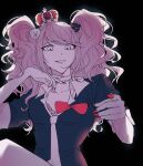  1girl bangs bear_hair_ornament bibon_(boileddangan) black_background black_shirt bow breasts collarbone crown danganronpa:_trigger_happy_havoc danganronpa_(series) enoshima_junko grin hair_ornament hand_up long_hair medium_breasts nail_polish necktie pink_hair red_bow red_nails shirt short_sleeves simple_background smile solo twintails white_necktie 