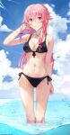  1girl bikini black_bikini blue_sky breasts cloud commentary_request day gasai_yuno long_hair looking_at_viewer mirai_nikki ocean outdoors pink_hair red_eyes sky small_breasts soaking_feet solo standing suparaisu swimsuit water 