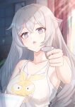  1girl absurdres apron bangs bare_arms bare_shoulders blurry blurry_background bowl bronya_zaychik caisena character_print commentary_request curtains depth_of_field grey_eyes grey_hair hair_between_eyes highres holding holding_spoon homu_(honkai_impact) honkai_(series) honkai_impact_3rd indoors long_hair looking_at_viewer open_mouth solo spoon tank_top tile_wall tiles upper_body very_long_hair white_apron white_tank_top 