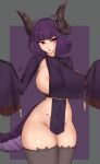  1girl areola_slip breasts curled_horns demon_girl demon_horns dragon_tail fang highres horns krass large_breasts long_sleeves open_mouth original pubic_tattoo purple_hair red_eyes revealing_clothes short_hair simple_background solo tail tattoo thick_thighs thighs 