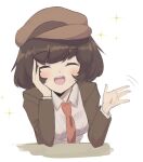  1girl :d alternate_costume blush breasts brown_hair brown_headwear brown_jacket cabbie_hat closed_eyes english_commentary facing_viewer flat_cap hand_on_own_cheek hand_on_own_face happy hat jacket long_sleeves necktie no_wings official_alternate_costume open_mouth red_necktie shameimaru_aya shameimaru_aya_(newsboy) shirt short_hair sifserf simple_background small_breasts smile solo sparkle suit_jacket teeth touhou upper_body upper_teeth white_background white_shirt 