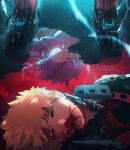  2boys armor artist_name bakugou_katsuki bangs black_bodysuit blonde_hair blood blood_from_mouth blood_on_ground bodysuit boku_no_hero_academia boots energy english_commentary glowing glowing_eyes half-closed_eye highres injury male_focus midoriya_izuku multiple_boys one_eye_closed short_hair solo_focus spoilers standing trubwlsum web_address 