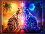  ambiguous_gender dolphydolphiana duo felid feline feral mammal moon palm_tree plant serval sun tree 