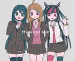  3girls :d ahoge akamatsu_kaede alternate_costume arms_behind_back asymmetrical_legwear bangs black_hair black_nails black_thighhighs blonde_hair blush bracelet brown_jacket brown_skirt closed_mouth collared_shirt cowboy_shot danganronpa:_trigger_happy_havoc danganronpa_(series) danganronpa_2:_goodbye_despair danganronpa_v3:_killing_harmony green_eyes green_hair hair_horns hair_ornament hairclip jacket jewelry long_hair maizono_sayaka miniskirt mioda_ibuki mismatched_legwear mouth_piercing multicolored_hair multiple_girls musical_note musical_note_hair_ornament nail_polish neck_ribbon necktie pink_eyes pink_necktie pink_ribbon pink_vest pisapipi pleated_skirt ribbon shirt skirt smile thighhighs vest white_hair white_shirt 