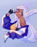  1girl 2022 :p artist_name bangs bare_shoulders blue_jacket boku_no_hero_academia breasts candy cropped_torso dark-skinned_female dark_skin food gloves highres holding holding_candy holding_food holding_lollipop jacket large_breasts lollipop mirko parted_bangs peghmey pink_background rabbit_tail red_eyes simple_background solo tail tongue tongue_out white_gloves white_jacket 