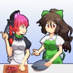  2girls animal_ears apron bow braid cat_ears cato_(monocatienus) censored cooking hair_bow kaenbyou_rin long_hair looking_at_another mosaic_censoring multiple_girls multiple_tails profile red_eyes red_hair reiuji_utsuho smile tail touhou twin_braids whisk 