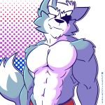  abs anthro biceps canid canine canis digital_media_(artwork) eyewear fizzyjay hi_res male mammal muscular muscular_anthro muscular_male nintendo pecs simple_background solo star_fox video_games wolf wolf_o&#039;donnell 