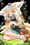  1girl absurdres animal animal_ear_fluff animal_ears animal_hug arknights bag bangs black_background black_cat blonde_hair blue_hairband blue_skirt blush brown_footwear brown_jacket cat commentary_request covered_mouth crossover flower fox_ears fox_girl fox_tail frilled_hairband frills green_eyes hair_between_eyes hairband heixiu highres jacket kitsune long_sleeves luoxiaohei multiple_tails on_grass on_head puffy_long_sleeves puffy_sleeves shoes shoulder_bag skirt sleeves_past_wrists socks suzuran_(arknights) suzuran_(spring_praise)_(arknights) tail the_legend_of_luo_xiaohei white_flower white_socks zhengqi_zhizi_sg 