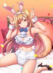  1girl animal_ears ascot blonde_hair bow bowtie bra confetti diaper earrings high_heels highres jewelry kitagawa_marin nanakichi no_pants on_bed playboy_bunny rabbit_ears rabbit_tail red_eyes sono_bisque_doll_wa_koi_wo_suru tail underwear white_bra 