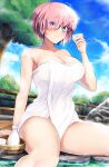  1girl absurdres black-framed_eyewear blue_sky blush breasts closed_mouth cloud collarbone commentary_request day eyes_visible_through_hair fate/grand_order fate_(series) glasses hair_over_one_eye highres holding jjdan large_breasts mash_kyrielight naked_towel nature onsen outdoors pink_hair plant purple_eyes short_hair sitting sky solo towel tree water white_towel 