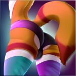 anthro backsack balls bare_chest booponies bottomwear canid canine clothing duz_(booponies) exposed_back fox genitals hi_res hotpants legwear male mammal nipples painted panties presenting rgb_lighting shorts solo thigh_highs underwear 