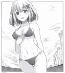  1girl alternate_costume ass_visible_through_thighs bikini h2_(h20000000) haguro_(kancolle) hair_between_eyes hair_ornament hand_on_own_chest kantai_collection looking_at_viewer navel o-ring o-ring_bikini ocean open_mouth outdoors short_hair solo sun swimsuit thigh_gap 