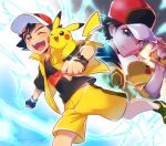  2boys alternate_color ash_ketchum bangs black_eyes black_hair black_shirt bracelet brown_eyes electricity fingerless_gloves gloves hat highres ivory_(25680nico) jacket jewelry mega_stone multiple_boys one_eye_closed open_clothes open_jacket open_mouth pikachu pokemon pokemon_(anime) pokemon_(creature) pokemon_(game) pokemon_journeys pokemon_masters_ex red_(pokemon) shirt short_hair shorts single_fingerless_glove single_glove sleeveless sleeveless_jacket teeth twitter_username upper_teeth yellow_footwear yellow_shorts 