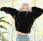  1boy alternate_costume bangs black_sweater blue_pants cowboy_shot final_fantasy final_fantasy_vii final_fantasy_vii_remake green_eyes grey_hair half-closed_eyes indoors long_bangs long_hair looking_at_viewer male_focus midriff_peek pants parted_bangs plant sephiroth solo stretching sweater toujou_sakana 