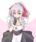 1girl alternate_costume alternate_hairstyle black_gloves blue_eyes blush breasts dress enmaided finger_to_mouth gloves grey_hair hair_ribbon highres index_finger_raised kantai_collection kashima_(kancolle) large_breasts long_hair looking_at_viewer maid maid_headdress one-hour_drawing_challenge pink_background pink_ribbon ponytail ribbon shizuna_kaede sidelocks smile solo twitter_username 