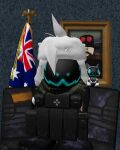  anthro australian_flag beanboy beanboy100011 clothing game_avatar hat headgear headwear humanoid machine male military military_uniform picture_in_picture protogen protogen_visor roblox robloxian sitting solo uniform user_avatar ushanka 