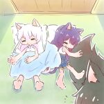  3girls :o =_= aged_down animal_ears arm_at_side assault_lily bangs bare_arms bare_shoulders barefoot black_hair blanket blue_shirt blue_skirt braid buttons cat_ears cat_girl cat_tail closed_eyes collared_shirt fluffy from_above funada_kiito funada_ui hair_down hand_on_own_stomach hand_up highres indoors intertwined_tails kemonomimi_mode lying miniskirt multiple_girls nagasawa_yuki_(assault_lily) no_mouth notice_lines odaiba_girls_high_school_uniform on_back on_floor out_of_frame parted_lips pillow pleated_skirt purple_hair school_uniform shirt siblings side_braid single_braid sisters skirt sleeping sleeveless sleeveless_shirt soles tail tail_hug teisuu two-tone_shirt under_covers white_hair white_shirt wolf_ears wolf_girl wolf_tail 