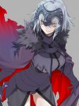  10mo 1girl black_panties breasts cape chain cowter fate_(series) from_above fur_collar gauntlets gorget grey_hair headpiece highres hilt jeanne_d&#039;arc_alter_(fate) large_breasts looking_to_the_side pale_skin panties short_hair smile solo sword underwear weapon yellow_eyes 