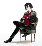  1boy black_footwear black_hair black_jacket black_necktie black_pants black_suit chair collared_shirt constantine_xi_(fate) crossed_legs earrings fate/grand_order fate_(series) formal full_body gloves grey_eyes hair_between_eyes highres interlocked_fingers jacket jewelry kitada looking_at_viewer male_focus necktie own_hands_together pants red_gloves red_vest shirt shoes short_hair simple_background sitting smile solo suit vest white_background white_shirt 