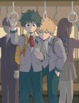  1girl 3boys absurdres arm_up back bag bakugou_katsuki bangs blonde_hair boku_no_hero_academia brown_eyes brown_hair buttons closed_mouth collared_jacket collared_shirt dango_(uni_520) fingernails formal green_eyes green_hair green_pants grey_bag grey_hair grey_jacket grey_pants grey_shirt grey_skirt hair_between_eyes hand_in_pocket hand_up hands_up highres jacket long_hair long_sleeves looking_down looking_to_the_side midoriya_izuku multiple_boys necktie pants phone pink_jacket pocket red_necktie shirt short_hair skirt standing suit v-shaped_eyebrows window yellow_bag 