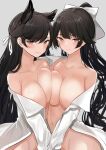  2girls animal_ears areola_slip asymmetrical_docking atago_(azur_lane) azur_lane bare_shoulders black_hair blush bow breast_press breasts brown_eyes closed_mouth frown grey_background hair_bow hair_ribbon holding_hands large_breasts long_hair long_sleeves looking_at_viewer mole mole_under_eye multiple_girls naked_shirt off_shoulder open_clothes open_shirt ponytail ribbon schreibe_shura shirt sidelocks simple_background smile sweat takao_(azur_lane) white_bow white_ribbon white_shirt 