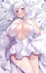  1girl azur_lane bangs bare_shoulders blue_eyes blush breasts cleavage dress elbow_gloves garter_straps gloves hair_ornament highres illustrious_(azur_lane) large_breasts long_hair lying mole mole_under_eye on_back parted_lips solo thighhighs thighs wee_(weeyy) white_dress white_gloves white_hair white_thighhighs 