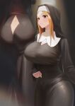  1girl absurdres ass_cutout bangs black_dress blonde_hair blush breasts butt_crack cleavage cleavage_cutout clothing_cutout dress habit highres large_breasts multiple_views nun original parted_bangs rororo smile spotlight taut_clothes taut_dress 