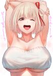  1girl ;d a1 armpits blonde_hair breasts hair_ribbon large_breasts looking_at_viewer lycoris_recoil nishikigi_chisato one_eye_closed red_eyes red_ribbon ribbon short_hair simple_background smile solo teeth underboob upper_body upper_teeth white_background 