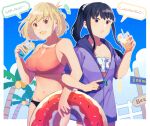  2girls :d :o bikini black_hair blonde_hair blue_bikini blue_sky breasts cup fish_hair_ornament hair_ornament highres higure28 holding holding_cup holding_innertube hood hood_down hoodie innertube inoue_takina jacket large_breasts long_hair lycoris_recoil medium_breasts multiple_girls navel nishikigi_chisato one_side_up open_mouth outdoors palm_tree ponytail purple_eyes purple_hoodie purple_jacket red_bikini red_eyes short_hair sidelocks sky smile speech_bubble stomach swimsuit swimsuit_under_clothes tree 