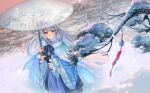  1girl :o absurdres blue_cloak blue_ribbon blue_skirt blush branch brick_wall character_name chinese_clothes cloak double_bun floral_print flower from_above fur-trimmed_cloak fur_trim hair_bun hair_flower hair_ornament hanfu highres holding holding_umbrella jade_(gemstone) long_hair long_skirt long_sleeves nebula_beat o-ring official_art oil-paper_umbrella pine_tree purple_hair red_eyes ribbon skirt snow snowing solo standing tang_jiuxia tassel tree umbrella very_long_hair virtual_youtuber wide_sleeves 