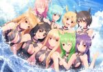  6+girls :d akagi_iruka bare_shoulders black_choker black_hair black_swimsuit blonde_hair blue_hair blue_sky blush breasts choker cleavage cleavage_cutout closed_eyes clothing_cutout commentary_request day fate/grand_order fate_(series) geirskogul_(fate) green_hair hand_on_another&#039;s_shoulder head_wings highres hildr_(fate) hildr_(swimsuit_assassin)_(fate) large_breasts light_blue_hair long_hair looking_at_viewer multiple_girls ocean olrun_(fate) one-piece_swimsuit one_eye_closed ortlinde_(fate) ortlinde_(swimsuit_assassin)_(fate) outdoors partially_submerged pink_hair purple_hair red_eyes rindr_(fate) short_hair sky smile sparkle swimsuit thrud_(fate) thrud_(swimsuit_assassin)_(fate) upper_body v valkyrie_(fate) water 