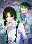  2boys :d black_hair bleach character_request coat collared_shirt crossover diamond_wa_kudakenai earrings green_coat green_eyes grin holding holding_pen jewelry jojo_no_kimyou_na_bouken kishibe_rohan long_sleeves looking_at_viewer multiple_boys open_mouth pants pen pink_shirt shirt short_hair sitting sleeveless_coat smile solo soraao0322 teeth white_pants white_shirt 