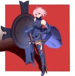  1girl absurdres armor armored_boots black_armor boots breastplate breasts fate/grand_order fate_(series) highres jwhh123 mash_kyrielight pink_hair purple_eyes shield short_hair shoulder_armor simple_background solo sword two-tone_background weapon 