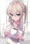 1girl bangs blonde_hair blue_eyes blush breasts buttons cleavage closed_mouth coffee coffee_mug collarbone collared_shirt commentary contrapposto cup fathom graf_zeppelin_(kancolle) hair_between_eyes highres holding holding_cup kantai_collection large_breasts looking_at_viewer medium_hair morning mug shirt sidelocks smile solo twintails upper_body white_shirt 