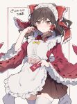  1girl alternate_costume apron bow brown_eyes brown_hair enmaided frilled_bow frills hair_bow hair_tubes hakurei_reimu highres ikeuchi_tanuma looking_at_viewer maid ofuda red_bow skirt solo thighhighs touhou wide_sleeves 