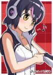  1girl animal_costume animal_hood black_hair blush closed_mouth elbow_gloves gloves headphones highres hood humboldt_penguin_(kemono_friends) kemono_friends kemono_friends_v_project microphone multicolored_hair penguin_costume penguin_girl penguin_hood purple_hair shirt simple_background sleeveless sleeveless_shirt solo taguchi_makoto virtual_youtuber yellow_eyes zipper 