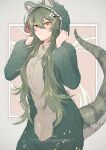  ahoge alternate_costume arknights bangs character_name closed_mouth cowboy_shot crocodilian_tail gavial_(arknights) green_hair hands_up highres hood hood_up long_hair long_sleeves looking_at_viewer murujimu pajamas solo tail tail_through_clothes very_long_hair yellow_eyes 