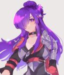  1girl armor asymmetrical_clothes bangs blush breasts cape choker cleavage closed_mouth fes4 fire_emblem fire_emblem:_three_houses fire_emblem_warriors:_three_hopes hair_bun hair_over_one_eye large_breasts long_hair looking_at_viewer purple_eyes purple_hair shez_(fire_emblem) shez_(fire_emblem)_(female) simple_background single_hair_bun smile solo 